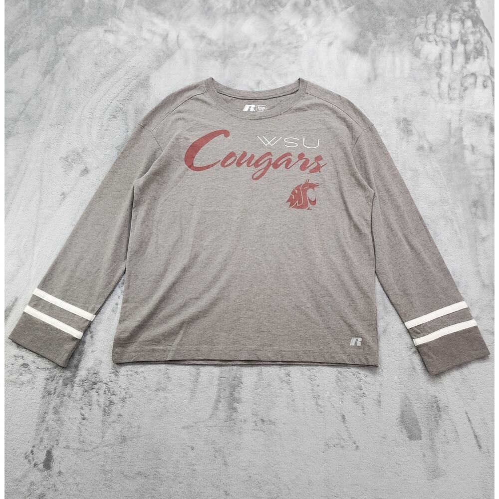 Russell T-Shirt Womens Size S Heather Gray WSU Cougars Varsity Stripes Sporty